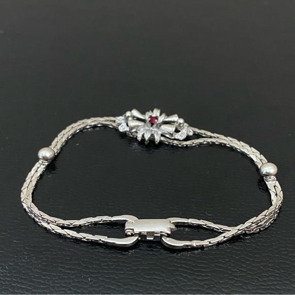 Vintage Silver Ruby Red Floral Bell Center Double Snake Chain 7.5” Bracelet - Picture 5 of 16